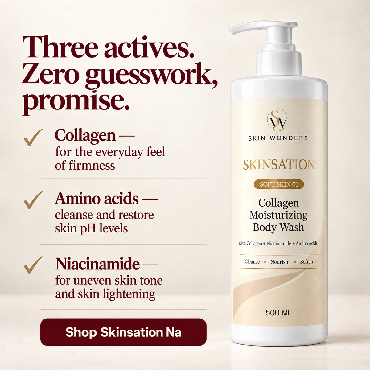 Skinsation 3-in-1 body wash with Collagen, Niacinamide and Amino Acids